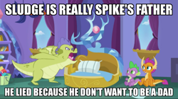 Size: 1024x572 | Tagged: safe, derpibooru import, edit, edited screencap, screencap, sludge (g4), smolder, spike, dragon, father knows beast, dragoness, female, headcanon, image macro, male, meme, spike's bed, spike's father, spike's room, theory, trio, winged spike
