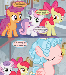 Size: 616x704 | Tagged: safe, derpibooru import, edit, edited screencap, screencap, apple bloom, cozy glow, scootaloo, sweetie belle, earth pony, pegasus, pony, unicorn, school raze, adorabloom, bow, cropped, cute, cutealoo, cutie mark, cutie mark crusaders, diasweetes, female, filly, foal, hair bow, implied hondo flanks, noodle incident, reminiscing, school of friendship, speech bubble, text, the cmc's cutie marks, this will end in pain and/or tears and/or death and/or covered in tree sap, this will end in tears, tree sap and pine needles