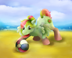 Size: 2500x2000 | Tagged: safe, artist:cybergod, derpibooru import, oc, oc only, oc:watermelana, pegasus, pony, beach, beach ball, cloud, female, freckles, gradient hooves, mare, ocean, playing, sand, sky, solo