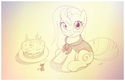 Size: 1936x1265 | Tagged: safe, artist:sherwoodwhisper, derpibooru import, oc, oc:eri, mouse, pony, birthday, cake, candle, cloak, clothes, female, food, mare, monochrome