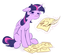 Size: 1011x890 | Tagged: safe, artist:luciferamon, derpibooru import, twilight sparkle, twilight sparkle (alicorn), alicorn, pony, 42, bags under eyes, ears, female, floppy ears, hitchhiker's guide to the galaxy, magic, mare, paper, quill, simple background, sitting, sleepy, solo, telekinesis, tired, white background, writing