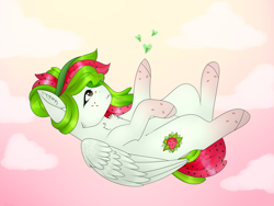 Size: 4000x3000 | Tagged: safe, artist:doux-ameri, derpibooru import, oc, oc only, oc:watermelana, pegasus, pony, cloud, female, flying, freckles, gradient hooves, leaf, mare, sky, solo