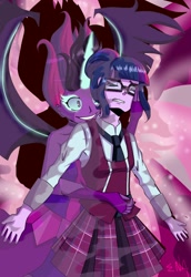 Size: 1122x1632 | Tagged: safe, artist:enadoodles, derpibooru import, midnight sparkle, sci-twi, twilight sparkle, equestria girls, friendship games, clothes, eyes closed, female, glasses, hair bun, pleated skirt, skirt