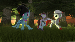 Size: 1191x670 | Tagged: safe, artist:rdash, derpibooru import, oc, oc:blazing chase, oc:knight fire, oc:rdash, oc:silky skies, hybrid, pegasus, pony, 3d, clothes, collar, forest, grass, grass field, hybrid pony, socks, tree