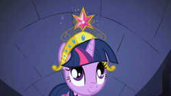 Size: 1280x720 | Tagged: safe, derpibooru import, screencap, twilight sparkle, pony, friendship is magic, big crown thingy, castle of the royal pony sisters, element of magic, jewelry, looking up, regalia, solo