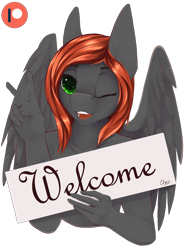 Size: 2000x2700 | Tagged: safe, artist:chapaevv, derpibooru import, oc, oc only, oc:noelle, anthro, anthro oc, female, looking at you, patreon, patreon logo, simple background, solo, transparent background, wingding eyes