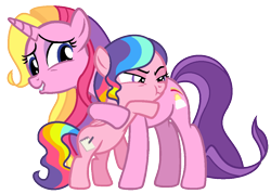 Size: 1100x788 | Tagged: safe, artist:awoomarblesoda, derpibooru import, rainbow flash, rainbow harmony, pegasus, pony, unicorn, female, filly, hug, mare, rainbow hair, simple background, transparent background