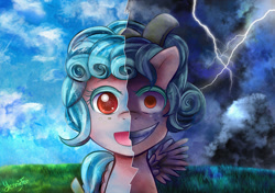 Size: 1024x722 | Tagged: safe, artist:faithwalkers, derpibooru import, cozy glow, pegasus, pony, marks for effort, school raze, bow, freckles, hair bow, lightning, split screen, two sided posters