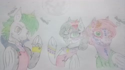 Size: 3840x2160 | Tagged: safe, artist:cloudick, derpibooru import, oc, oc:cherry rose, oc:silver sanction, bat pony, pony, bat pony oc, black and white, cheek fluff, clothes, dia de los muertos, eeee, face paint, fangs, female, grayscale, green eyes, jewelry, lidded eyes, looking at you, makeup, male, mare, monochrome, necklace, night, one eye closed, open mouth, skree, smiling, smirk, stallion, underhoof, wink