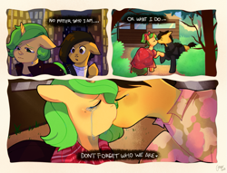 Size: 887x676 | Tagged: safe, artist:gingerale, derpibooru import, oc, oc only, oc:darren cuffs, oc:olive drab, earth pony, pony, unicorn, cabin, city, clothes, comic, crossdressing, crying, dress, floppy ears, gay, jacket, kissing, leather jacket, male, military uniform, oc x oc, police uniform, ponified, shipping