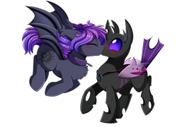 Size: 3262x2346 | Tagged: safe, artist:pridark, derpibooru import, oc, oc only, oc:astral void, oc:nightwing, bat pony, changeling, pony, bat pony oc, changeling oc, chest fluff, collar, commission, cute, ear tufts, eyes closed, floppy ears, flying, gay, jewelry, kissing, male, necklace, ocbetes, purple changeling, raised hoof, raised leg, shipping, shoulder fluff, simple background, smiling, spread wings, surprise kiss, surprised, tail, tailboner, transparent background, wings