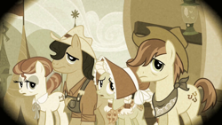 Size: 1280x720 | Tagged: safe, derpibooru import, screencap, granny smith, happy trails, pokey oaks, sew 'n sow, earth pony, pony, family appreciation day, season 2, apple family member, bags under eyes, bonnet, clothes, female, hat, hungry, male, mare, old timey, pigtails, sepia, stallion, tired, young granny smith, younger