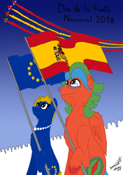 Size: 2500x3560 | Tagged: safe, artist:summerium, derpibooru import, oc, oc only, oc:europa, oc:summer lights, earth pony, pegasus, pony, crowd, european union, flag, jewelry, nation ponies, necklace, pearl necklace, ponified, smiling, spain, trail, unshorn fetlocks