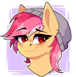 Size: 2000x2009 | Tagged: safe, artist:dino_horse, derpibooru import, oc, oc:cotton seams, pony, beanie, clothes, commission, female, hat, mare, smiling, solo