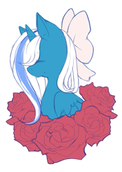 Size: 751x1063 | Tagged: safe, artist:yamikonek0, derpibooru import, oc, oc only, oc:fleurbelle, alicorn, pony, adorabelle, alicorn oc, bow, cute, eyes closed, female, flower, hair bow, happy, mare, petals, rose