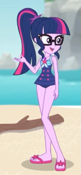 Size: 241x518 | Tagged: safe, derpibooru import, screencap, sci-twi, twilight sparkle, better together, equestria girls, unsolved selfie mysteries, beach, clothes, cropped, feet, female, flip-flops, geode of telekinesis, glasses, legs, magical geodes, ponytail, sandals, sexy, solo, swimsuit