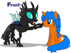 Size: 4008x3000 | Tagged: safe, artist:cyberapple456, derpibooru import, oc, oc:eissen, oc:mimesis, changeling, pony, unicorn, boop, braid, changeling oc, dialogue, ear piercing, earring, jewelry, male, piercing, scrunchy face, show accurate, simple background, stallion, transparent background