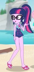 Size: 253x542 | Tagged: safe, derpibooru import, screencap, sci-twi, twilight sparkle, better together, equestria girls, unsolved selfie mysteries, cropped, feet, female, flip-flops, geode of telekinesis, glasses, legs, magical geodes, ponytail, sandals, solo