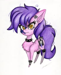 Size: 2411x2925 | Tagged: safe, artist:luxiwind, derpibooru import, oc, oc:misty rock, earth pony, pony, chibi, choker, female, fishnet stockings, mare, solo, spiked choker, traditional art