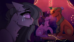 Size: 3840x2160 | Tagged: safe, artist:dino_horse, derpibooru import, big macintosh, marble pie, sugar belle, earth pony, pony, unicorn, :o, bags under eyes, cheek fluff, chest fluff, christmas, christmas lights, clothes, crying, ear fluff, earmuffs, empty eyes, eyes closed, female, floppy ears, frown, grin, hat, heartbreak, heartbroken marble, hearth's warming, holiday, holly, holly mistaken for mistletoe, hoof fluff, imminent kissing, leg fluff, male, mare, no pupils, oof, open mouth, raised hoof, sad, scarf, shipping, shocked, side chick, sitting, smiling, stallion, straight, sugarmac, surprised, unshorn fetlocks, wide eyes