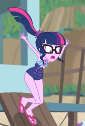 Size: 403x596 | Tagged: safe, derpibooru import, screencap, sci-twi, twilight sparkle, better together, equestria girls, unsolved selfie mysteries, clothes, cropped, feet, female, flip-flops, geode of telekinesis, glasses, legs, magical geodes, ponytail, sandals, shrunken pupils, solo, swimsuit