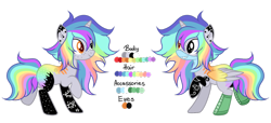 Size: 1024x468 | Tagged: safe, artist:mintoria, artist:space--paws0w0, derpibooru import, oc, oc only, oc:pastel chole, alicorn, pony, alicorn oc, bandana, boots, coat markings, female, freckles, heterochromia, mare, rainbow hair, reference sheet, scene kid, shoes, simple background, solo, tattoo, transparent background