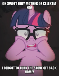 Size: 800x1021 | Tagged: safe, derpibooru import, edit, edited screencap, screencap, sci-twi, twilight sparkle, pony, unicorn, better together, equestria girls, spring breakdown, caption, cropped, equestria girls ponified, exclamation point, exploitable meme, female, glasses, image macro, looking at you, mare, meme, memegenerator, open mouth, panic, ponified, solo, symbol, teeth, text, text edit, tongue out, unicorn sci-twi