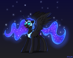 Size: 2500x2000 | Tagged: safe, artist:kirasunnight, derpibooru import, nightmare moon, alicorn, pony, female, glowing eyes, mare, open mouth, signature, solo, stars