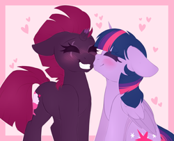 Size: 3237x2634 | Tagged: safe, artist:adostume, derpibooru import, tempest shadow, twilight sparkle, twilight sparkle (alicorn), alicorn, pony, unicorn, blushing, broken horn, cute, female, grin, lesbian, mare, nuzzling, shipping, smiling, tempestlight