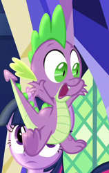 Size: 296x469 | Tagged: safe, derpibooru import, screencap, spike, twilight sparkle, twilight sparkle (alicorn), alicorn, dragon, season 7, triple threat, claws, cropped, scared