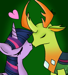 Size: 621x691 | Tagged: safe, artist:hanayuri-chan, derpibooru import, thorax, twilight sparkle, twilight sparkle (alicorn), alicorn, changedling, changeling, antlers, eyes closed, female, green background, heart, imminent kissing, king thorax, kissing, male, shipping, signature, simple background, straight, twirax