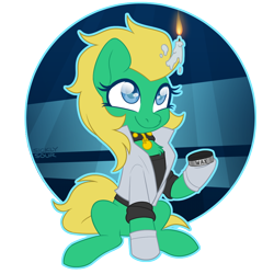 Size: 1000x1000 | Tagged: safe, artist:sickly-sour, derpibooru import, oc, oc only, oc:professor sugarcube, earth pony, pony, blonde, blue eyes, candle, clothes, collar, commission, fire, gloves, lab coat, scientist, sitting, smiling, solo, wax