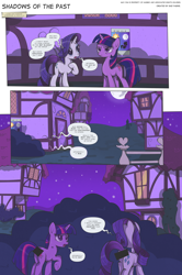 Size: 2250x3389 | Tagged: safe, artist:perfectblue97, derpibooru import, rarity, twilight sparkle, unicorn twilight, pony, unicorn, comic:shadows of the past, censored, comic, mare in the moon, moon, ponyville, poster, royal guard, shadow, silhouette, unnecessary censorship