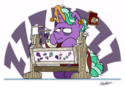 Size: 5889x4087 | Tagged: safe, artist:bobthedalek, derpibooru import, firelight, pony, absurd resolution, baby, baby pony, bags under eyes, bathrobe, bed mane, clothes, cradle, ear plugs, father and child, father and daughter, female, implied starlight glimmer, male, parent and child, robe, sleeping, snorelight glimmer, snoring, that pony sure does love kites, tired, younger, zzz