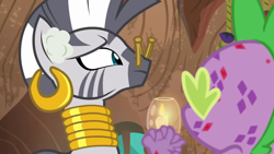 Size: 1920x1080 | Tagged: safe, derpibooru import, screencap, spike, zecora, dragon, zebra, molt down, season 8, clothespin, ear piercing, earring, female, jewelry, male, mare, molting, neck rings, piercing, smelly, stone scales, zecora's hut