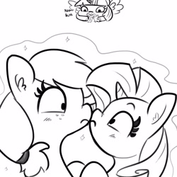 Size: 1650x1650 | Tagged: safe, artist:tjpones, derpibooru import, applejack, rarity, twilight sparkle, twilight sparkle (alicorn), alicorn, earth pony, pony, unicorn, cute, doll, female, jackabetes, lesbian, looking at each other, magic, magic abuse, mare, monochrome, now kiss, raribetes, rarijack, shipper on deck, shipping, sketch, toy, twilight the shipper, voodoo doll