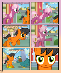 Size: 900x1080 | Tagged: safe, artist:lister-of-smeg, derpibooru import, cheerilee, oc, oc:lazybug, oc:scavenger (lister-of-smeg), cockatrice, earth pony, pony, comic:crystal heart attack, colt, comic, male