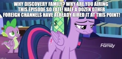 Size: 1029x500 | Tagged: safe, derpibooru import, edit, edited screencap, screencap, spike, twilight sparkle, twilight sparkle (alicorn), alicorn, dragon, pony, a rockhoof and a hard place, discovery family, discovery family logo, female, image macro, male, mare, meme, text, winged spike