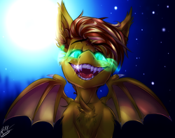 Size: 4992x3961 | Tagged: safe, artist:drizziedoodles, derpibooru import, oc, oc only, oc:honey drizzle, bat pony, bat ponified, bat pony oc, bat wings, fangs, glowing eyes, grin, looking at you, moon, night, open mouth, race swap, smiling, solo, teeth, wings