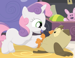 Size: 1014x788 | Tagged: safe, artist:porygon2z, derpibooru import, owlowiscious, sweetie belle, awww, ball, cute, plush bunny, plushie, toy box