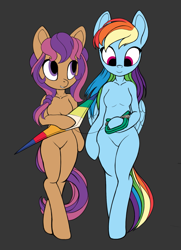 Size: 1271x1760 | Tagged: safe, artist:lunebat, derpibooru import, rainbow dash, scootaloo (g3), anthro, earth pony, pegasus, semi-anthro, unguligrade anthro, 35th anniversary, arm hooves, barbie doll anatomy, breasts, featureless breasts, featureless crotch, female, kite, looking at something, mare, simple background, smiling