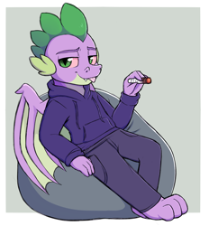 Size: 1518x1637 | Tagged: safe, artist:moozua, derpibooru import, spike, anthro, dragon, :p, barefoot, beanbag chair, bloodshot eyes, clothes, drugs, feet, hoodie, looking at you, male, marijuana, older, older spike, silly, solo, stoner spike, teenage spike, teenager, tongue out, winged spike, wings