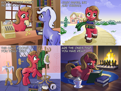 Size: 1602x1202 | Tagged: safe, artist:muffinshire, derpibooru import, oc, oc only, oc:pun, earth pony, pony, ask, ask pun, bits, book, clothes, coin, female, fireplace, mare, money, prone, scarf, snow