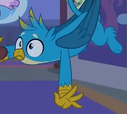 Size: 561x505 | Tagged: safe, derpibooru import, screencap, gallus, silverstream, griffon, school raze, claws, cropped, falling, male, offscreen character, paws, shocked, tail, wings
