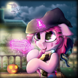 Size: 2000x2000 | Tagged: safe, artist:thefunnysmile, derpibooru import, oc, oc:solid heart, bat, pony, accessories, belt, blurry, clothes, cute, eyebrow piercing, halloween, hat, headphones, holiday, houses, jack-o-lantern, magic, moon, mp3 player, music notes, night, piercing, potion, pumpkin, scarf, sign, solo, tongue out, tongue piercing, witch hat