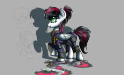 Size: 2800x1700 | Tagged: safe, artist:elmutanto, derpibooru import, oc, oc only, oc:siren, pegasus, pony, fallout equestria, fanfic:fallout equestria: broken oaths, clothes, female, gray background, mare, raised hoof, simple background, solo, uniform