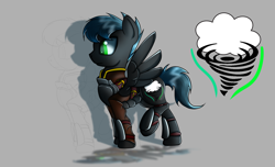 Size: 2800x1700 | Tagged: safe, artist:elmutanto, derpibooru import, oc, oc only, oc:fantastic storm, pegasus, pony, fallout equestria, fanfic:fallout equestria: broken oaths, armor, clothes, gray background, male, raised hoof, reference sheet, simple background, solo, spread wings, stallion, wings