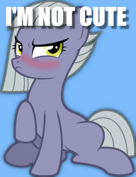 Size: 1024x1333 | Tagged: safe, derpibooru import, limestone pie, earth pony, pony, blatant lies, blue background, blushing, caption, cute, denial, embarrassed, female, i'm not cute, image macro, limabetes, limetsun pie, madorable, mare, simple background, solo, text, tsundere, vector