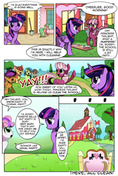 Size: 1800x2685 | Tagged: safe, artist:candyclumsy, derpibooru import, apple bloom, cheerilee, scootaloo, sweetie belle, twilight sparkle, twilight sparkle (alicorn), oc, alicorn, earth pony, pegasus, pony, unicorn, comic:curse and madness, bucket, cleaning, comic, day, female, filly, grass, mare, mlpcam, mop, ponyville, school, sky, sparkles, spring cleaning, text, text bubbles, tree, washing, window