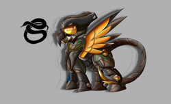 Size: 2800x1700 | Tagged: safe, artist:elmutanto, derpibooru import, oc, oc only, oc:viper, pegasus, pony, fallout equestria, fanfic:fallout equestria: broken oaths, armor, enclave armor, gray background, helmet, power armor, reference sheet, scorpion tail, simple background, solo, spread wings, terminator, wings